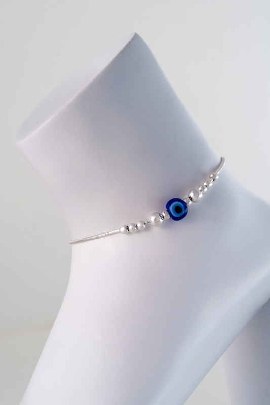 Pure 925 Silver Evil Eye Beaded Anklet (Free Size)