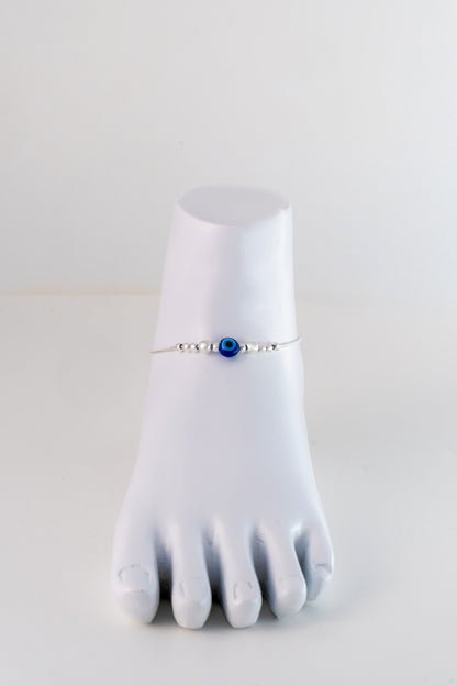 Pure 925 Silver Evil Eye Beaded Anklet (Free Size)