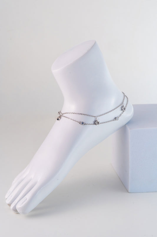 Layered Pure 925 Silver Star Charm Anklet (10 Inch Adjustable)
