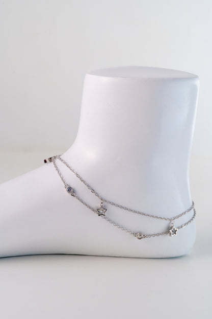Layered Pure 925 Silver Star Charm Anklet (10 Inch Adjustable)