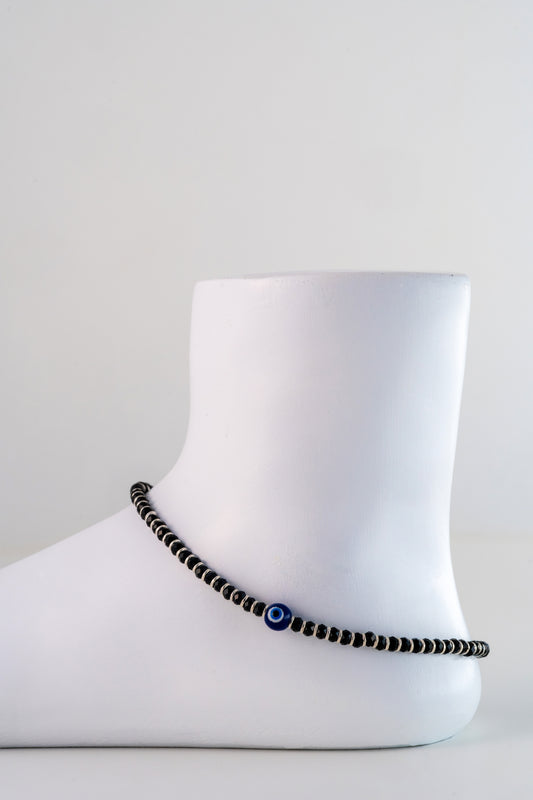 Traditional Black Beaded Pure 925 Silver Anklet (Free Size)