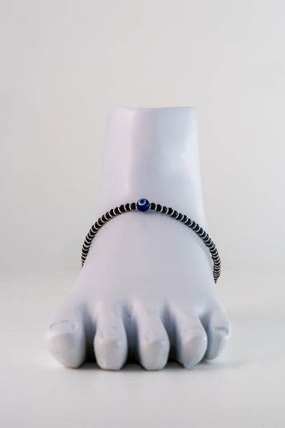 Traditional Black Beaded Pure 925 Silver Anklet (Free Size)