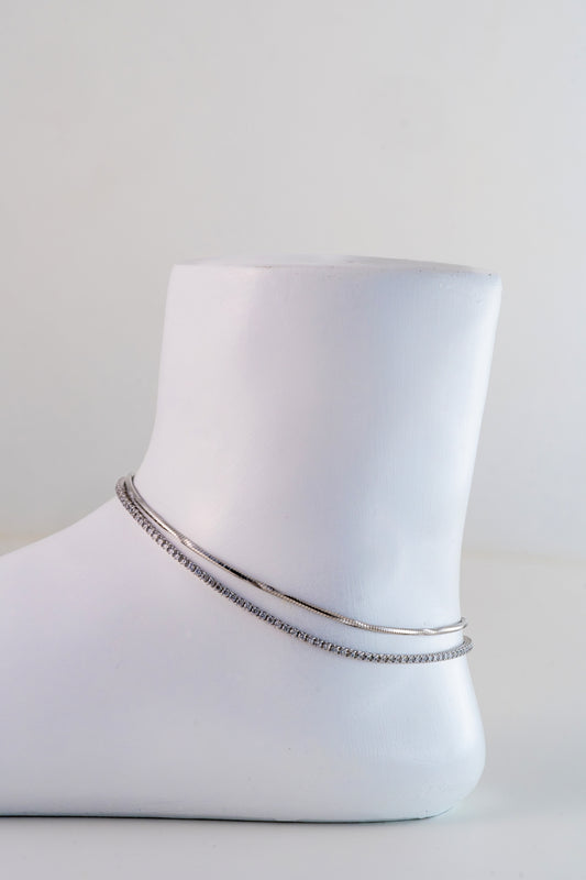 Elegant Dual-Layer Pure 925 Silver Anklet with Sparkling Accents (10 Inch)