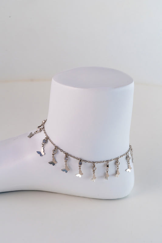 Butterfly Charm Pure 925 Silver Anklet with Crystal Accents (10 Inch Adjustable)