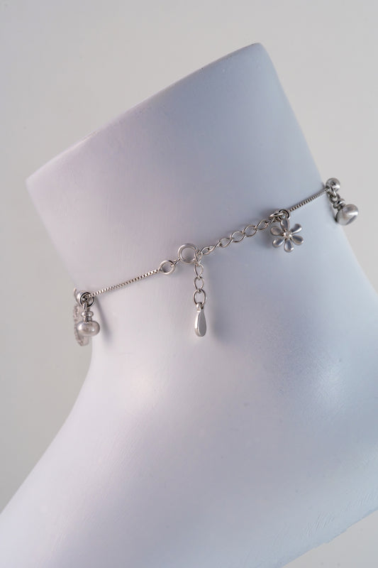 Flower Charm Pure 925 Silver Anklet with Crystal Accents (8 Inch Adjustable)