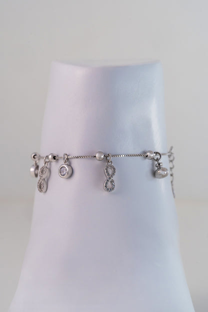 Infinity Charm  Pure 925 Silver Anklet with Crystal Accents (8 Inch Adjustable)