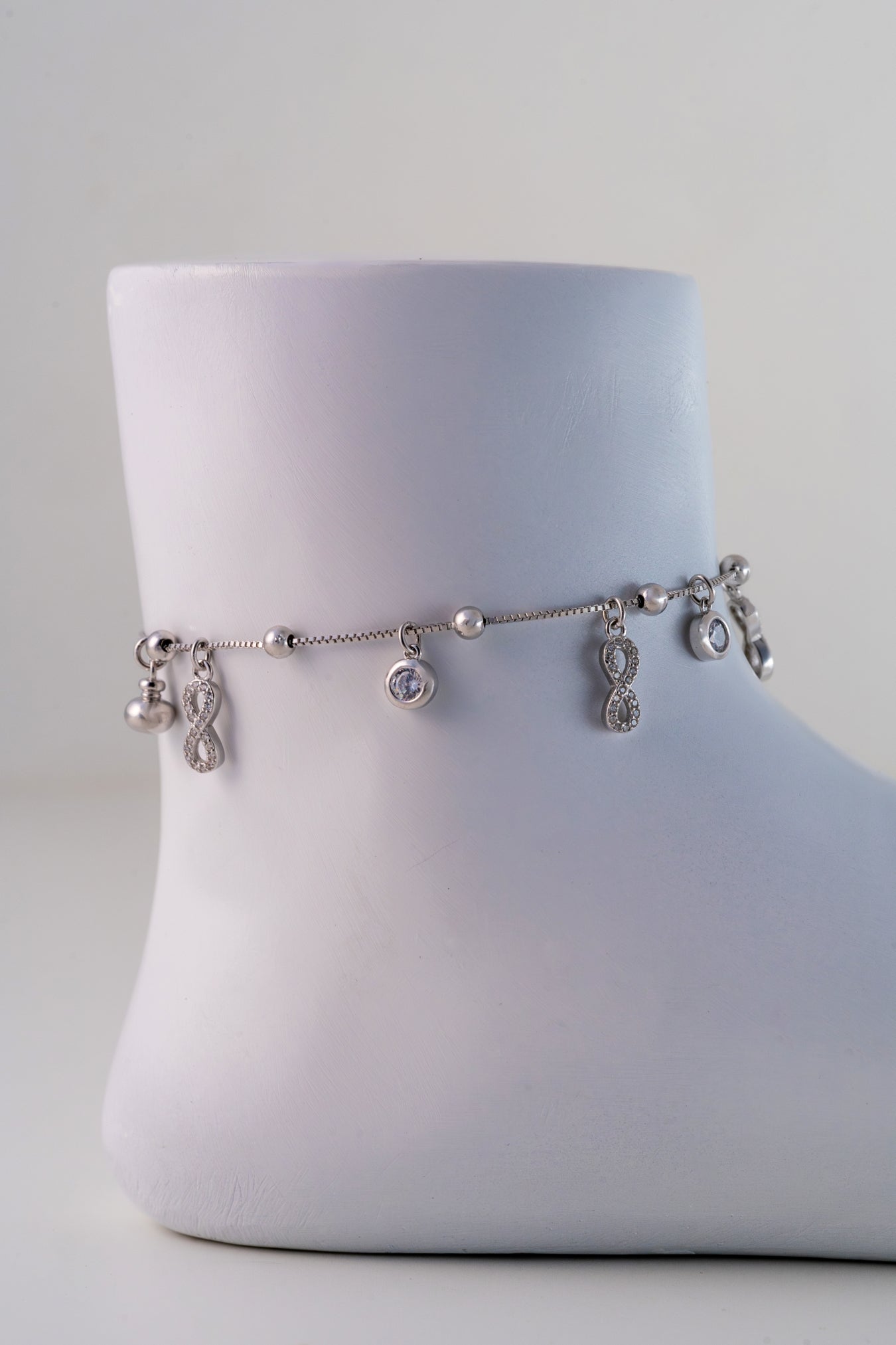Infinity Charm  Pure 925 Silver Anklet with Crystal Accents (8 Inch Adjustable)