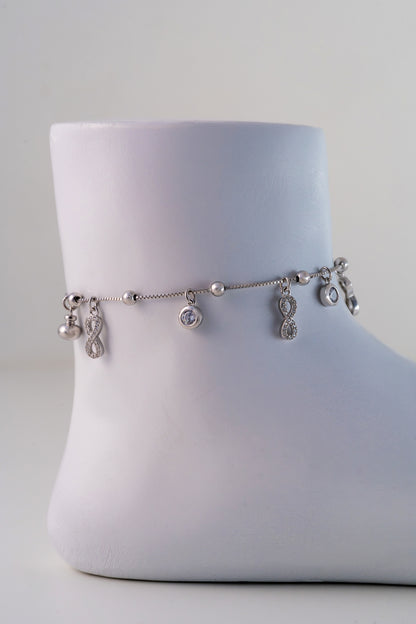 Infinity Charm  Pure 925 Silver Anklet with Crystal Accents (8 Inch Adjustable)