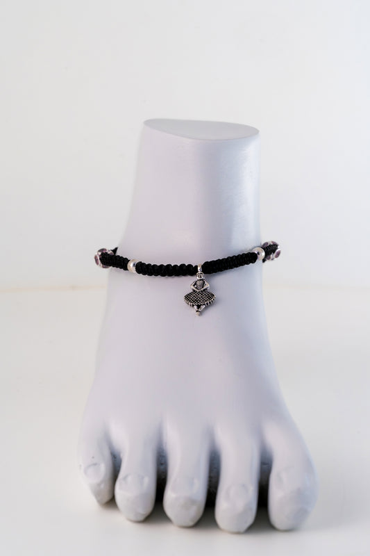 Black Thread Anklet with Pure 925 Silver Bead Accents (Free Size)