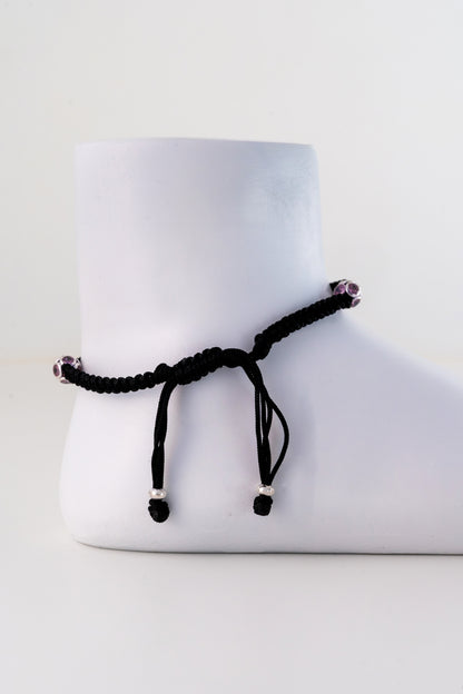 Black Thread Anklet with Pure 925 Silver Bead Accents (Free Size)