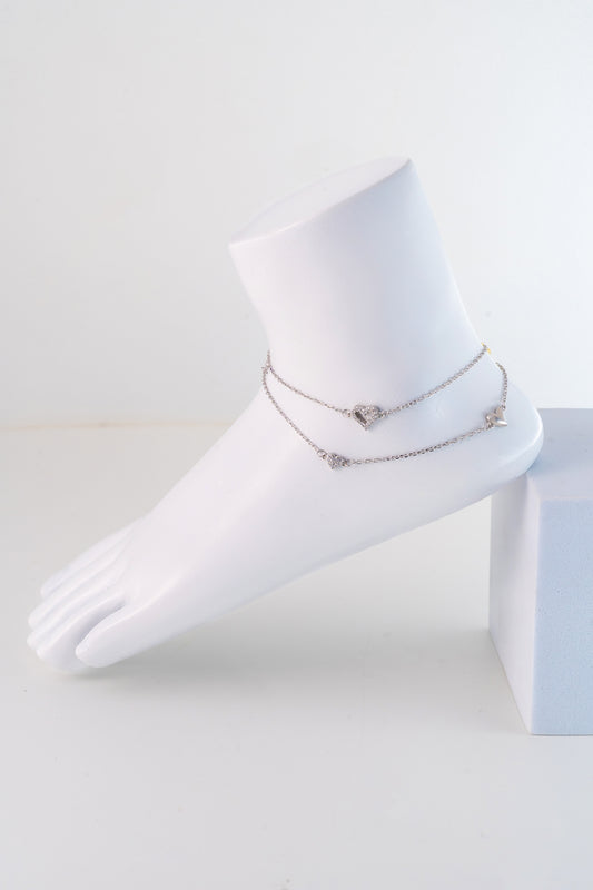 Layered Pure 925 Silver Heart Charm Anklet (10 Inch Adjustable)