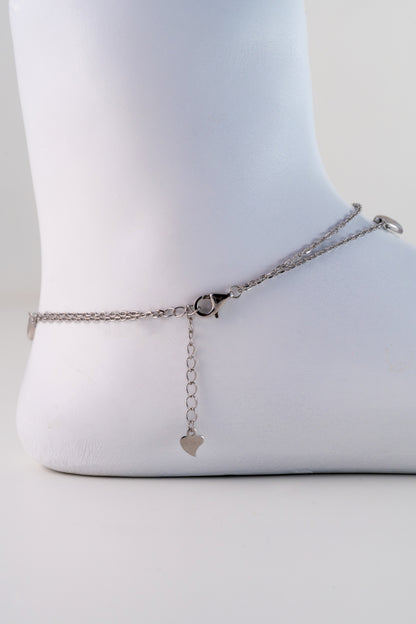 Layered Pure 925 Silver Heart Charm Anklet (10 Inch Adjustable)