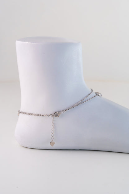 Layered Pure 925 Silver Heart Charm Anklet (10 Inch Adjustable)