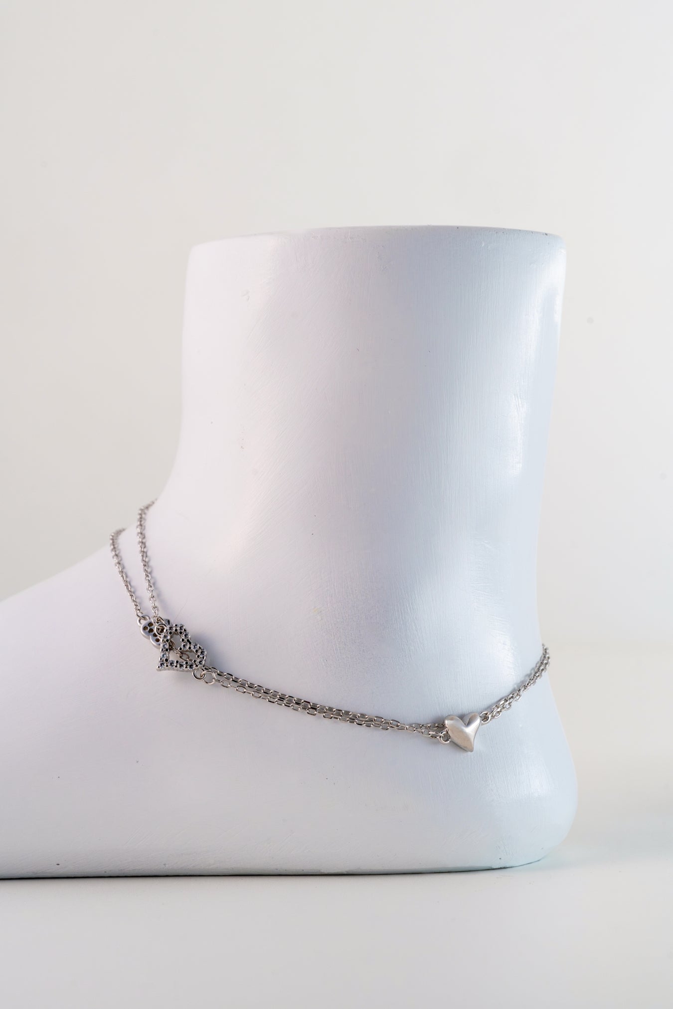 Layered Pure 925 Silver Heart Charm Anklet (10 Inch Adjustable)