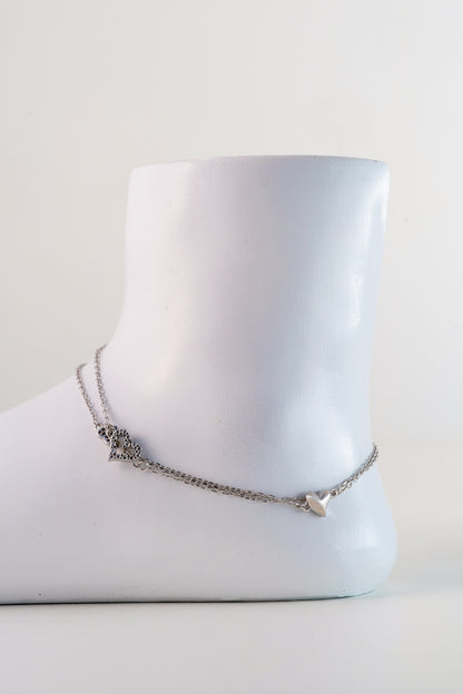 Layered Pure 925 Silver Heart Charm Anklet (10 Inch Adjustable)