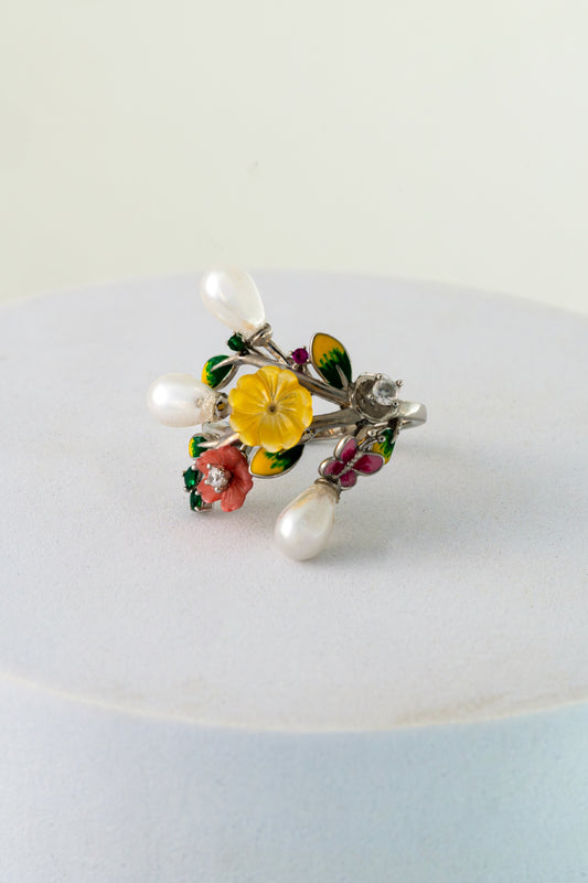 Pure 925 Silver Floral Pearl Statement Ring with Enamel Work – Size 17