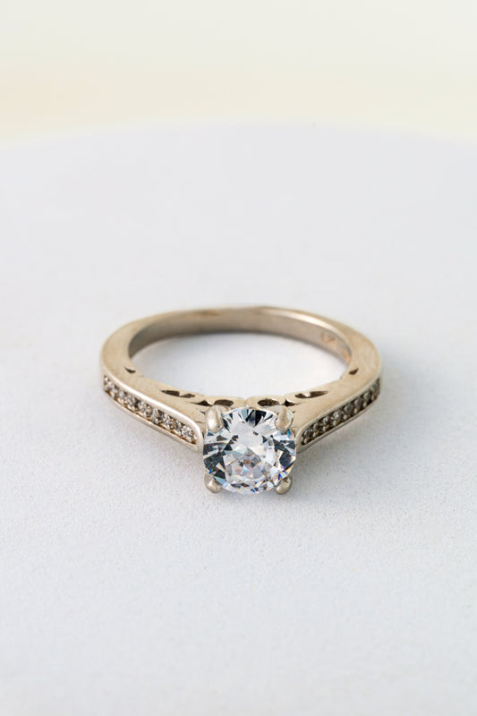 Pure 925 Silver Round-Cut Solitaire Engagement Ring with Filigree Band – Size 11