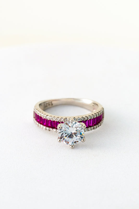 Pure 925 Silver Ruby Accent Solitaire Ring with Brilliant Round Center Stone – Size 12