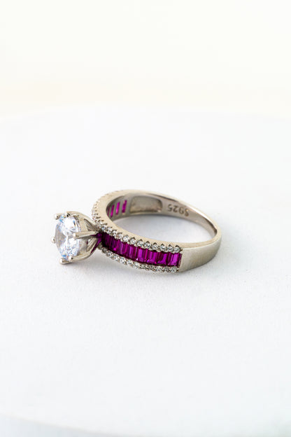 Pure 925 Silver Ruby Accent Solitaire Ring with Brilliant Round Center Stone – Size 12