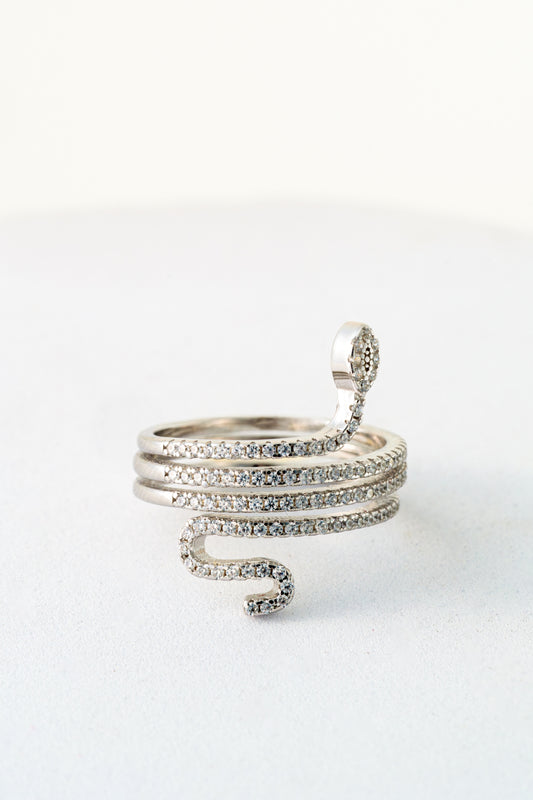 Pure 925 Silver Serpent Wrap Ring with Pave Crystals – Size 15