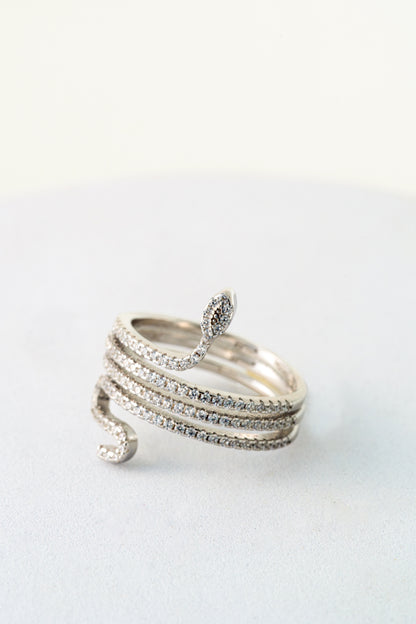 Pure 925 Silver Serpent Wrap Ring with Pave Crystals – Size 15