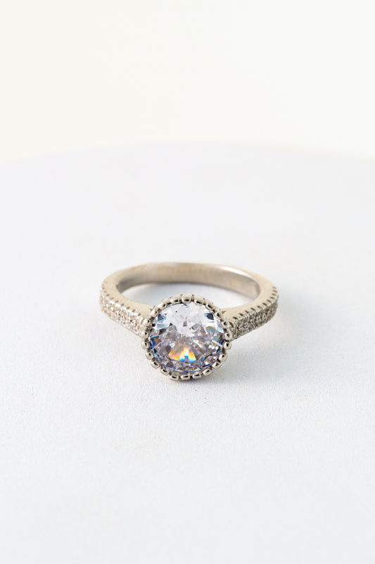 Pure 925 Silver Halo Solitaire Ring with Pavé Band – Size 9