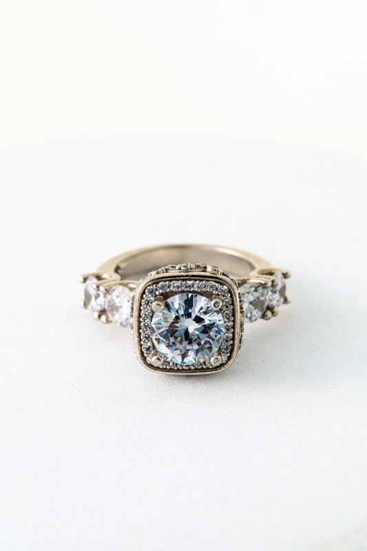 Pure 925 Silver Cushion Halo Five-Stone Engagement Ring – Size 12