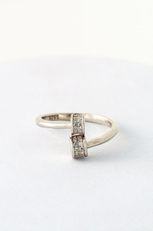 Pure 925 Silver Dual Heart Open Ring with Pavé Accents – Size 16