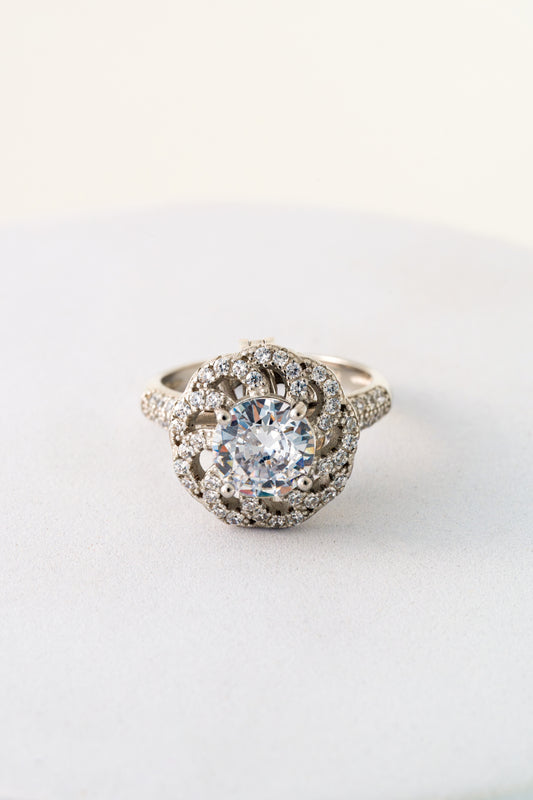 Pure 925 Silver Halo Crown Ring with Brilliant Cut Center Stone – Size 14