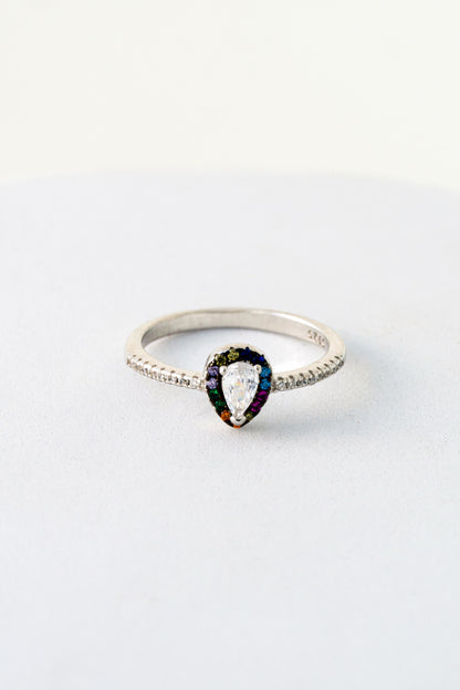 Pure 925 Silver Rainbow Halo Teardrop Ring with White Center Stone – Size 9