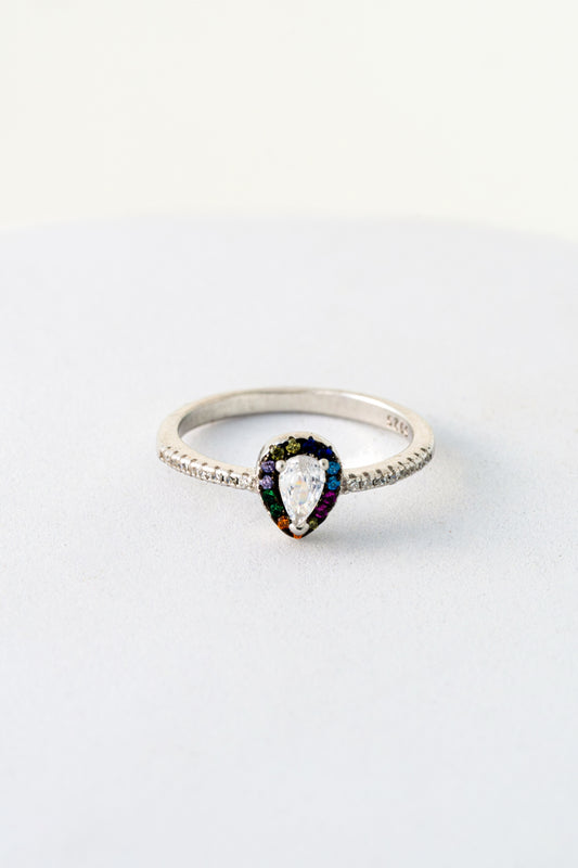 Pure 925 Silver Rainbow Halo Teardrop Ring with White Center Stone – Size 9