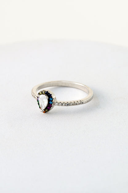 Pure 925 Silver Rainbow Halo Teardrop Ring with White Center Stone – Size 9