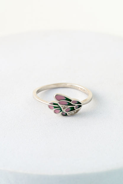 Pure 925 Silver Pink & Green Enamel Butterfly Ring with Crystal Accents – Size 10
