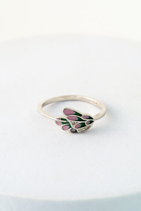 Pure 925 Silver Pink & Green Enamel Butterfly Ring with Crystal Accents – Size 10
