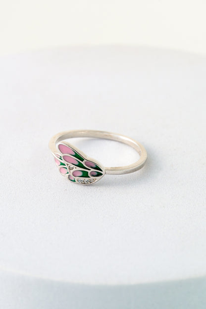 Pure 925 Silver Pink & Green Enamel Butterfly Ring with Crystal Accents – Size 10