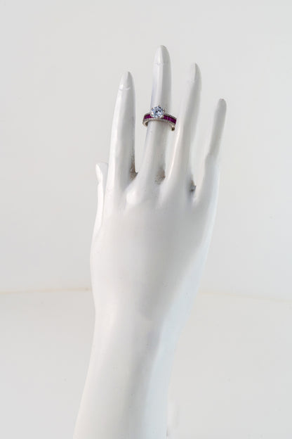 Pure 925 Silver Ruby Accent Solitaire Ring with Brilliant Round Center Stone – Size 12