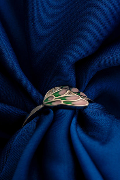 Pure 925 Silver Pink & Green Enamel Butterfly Ring with Crystal Accents – Size 10