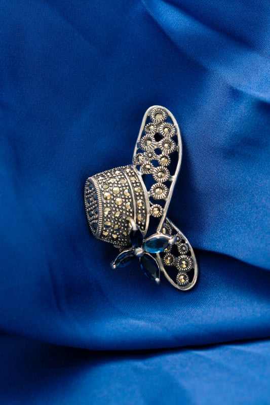 Pure 925 Silver Vintage Hat Design Brooch with Blue Flower – 16mm x 44mm