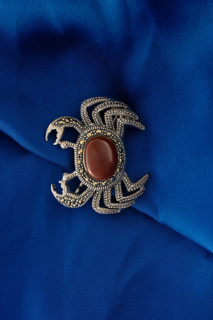 Pure 925 Silver Crab-Shaped Antique Brooch with Red Gemstone – 26mm x 31mm