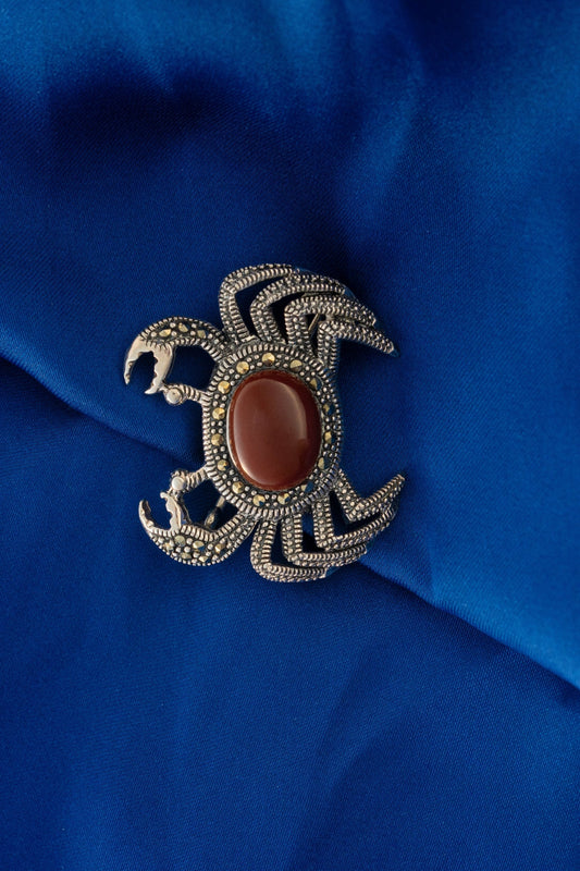 Pure 925 Silver Crab-Shaped Antique Brooch with Red Gemstone – 26mm x 31mm