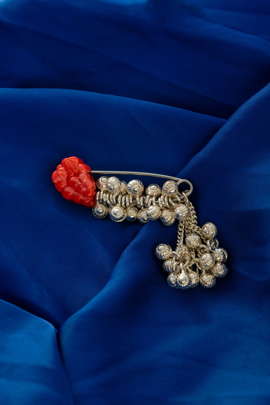 Pure 925 Silver Ghungroo Pin Brooch with Red Floral Accent – 55mm