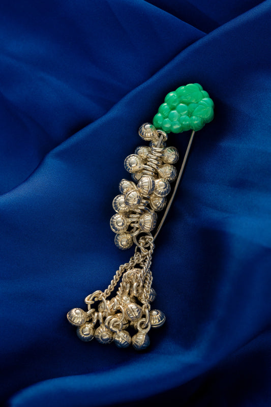Pure 925 Silver Ghungroo Cluster Brooch Pin with Green Floral Accent – 55mm × 10mm