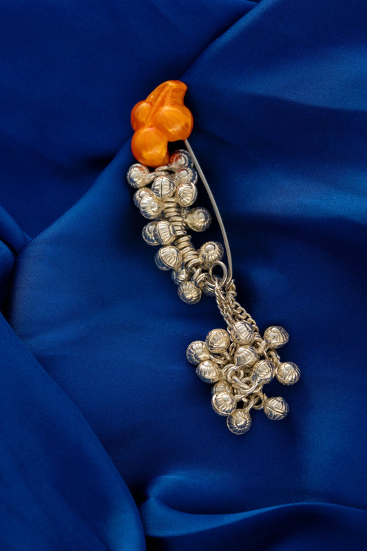 Pure 925 Silver Ghungroo Cluster Brooch Pin with Orange Floral Accent – 55mm × 10mm