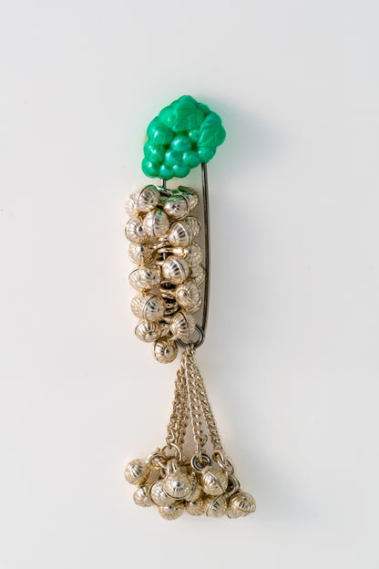 Pure 925 Silver Ghungroo Cluster Brooch Pin with Green Floral Accent – 55mm × 10mm