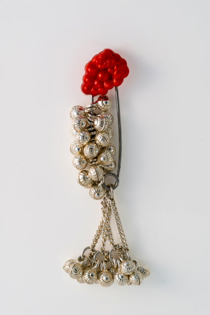 Pure 925 Silver Ghungroo Pin Brooch with Red Floral Accent – 55mm