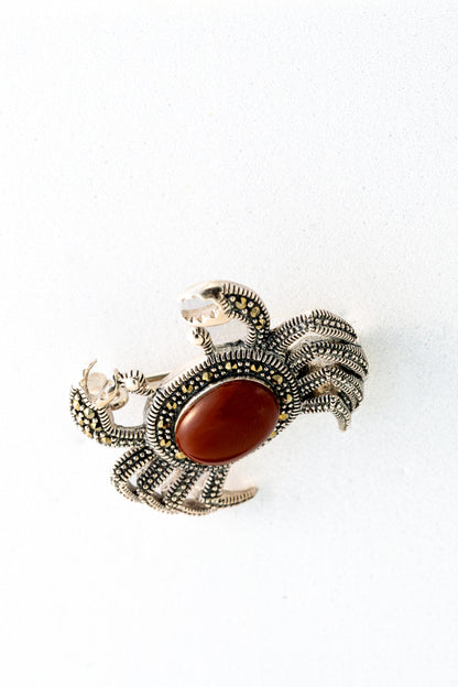 Pure 925 Silver Crab-Shaped Antique Brooch with Red Gemstone – 26mm x 31mm