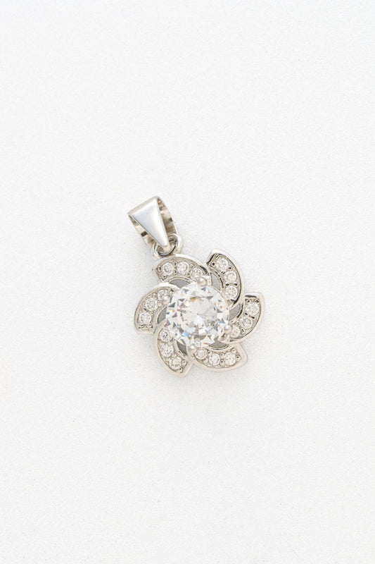 Pure 925 Silver Floral Diamond-Cut Pendant with Central Round Stone – 19mm × 13mm