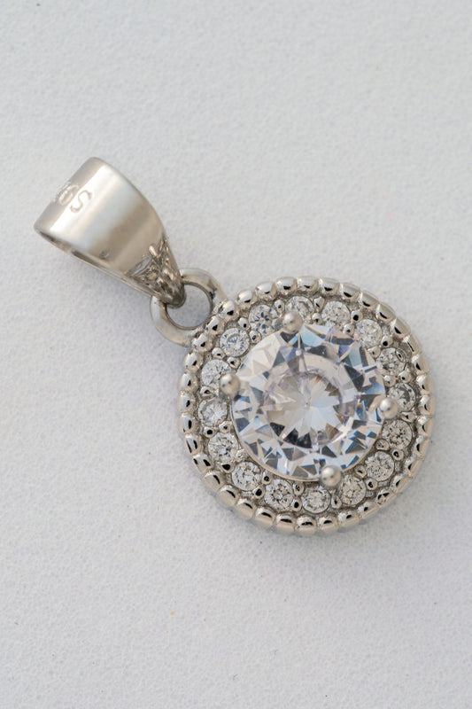 Pure 925 Silver Round Halo Pendant with Central Brilliant Stone – 17mm × 10mm
