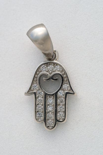 Pure 925 Silver Hamsa Hand Pendant with Stone Accents – 20mm × 10mm