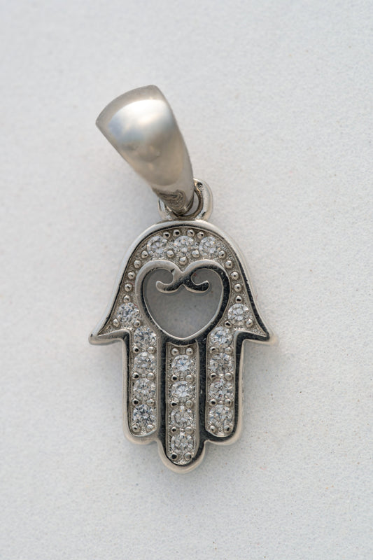 Pure 925 Silver Hamsa Hand Pendant with Stone Accents – 20mm × 10mm